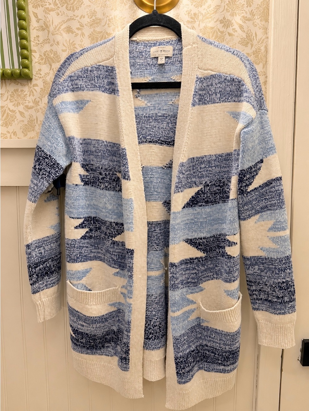 Lucky Brand Blue & Cream Open-Front Patterned Cardigan